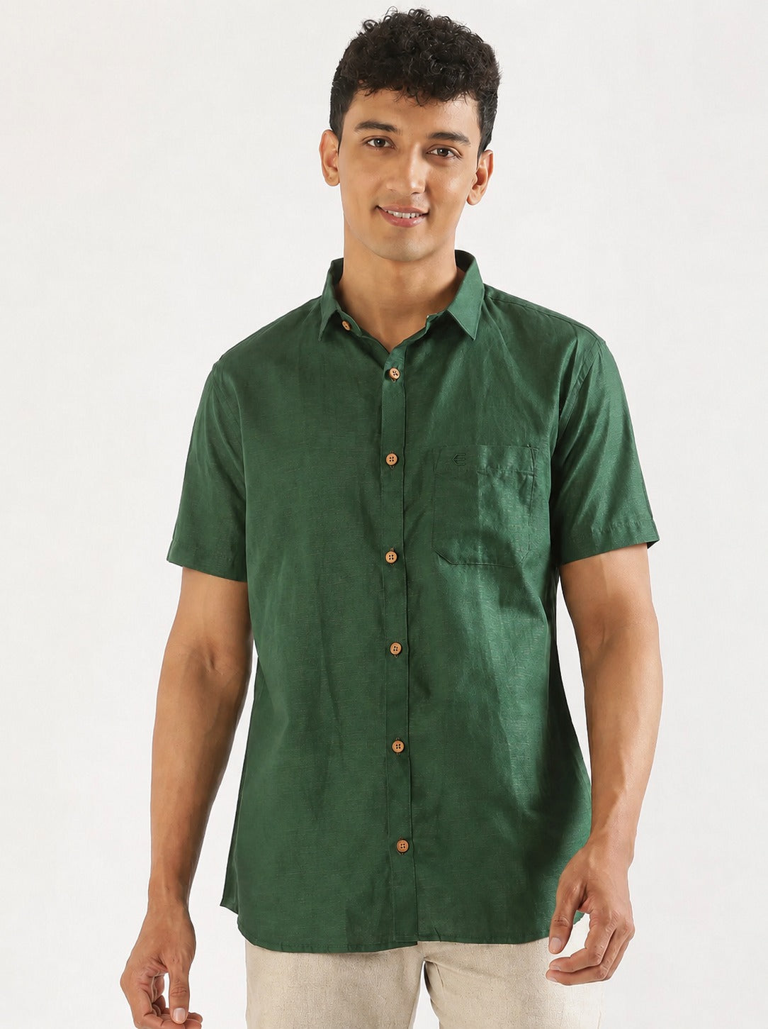 Bottle Green Men Hemp Half Sleeve Shirt