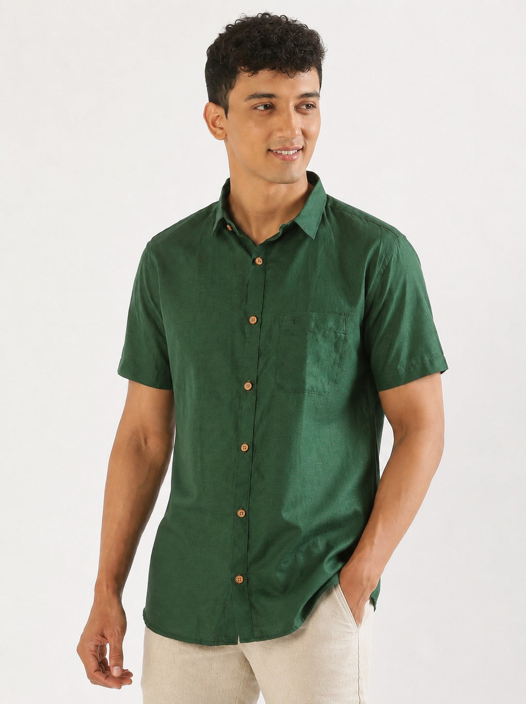 Bottle Green Men Hemp Half Sleeve Shirt
