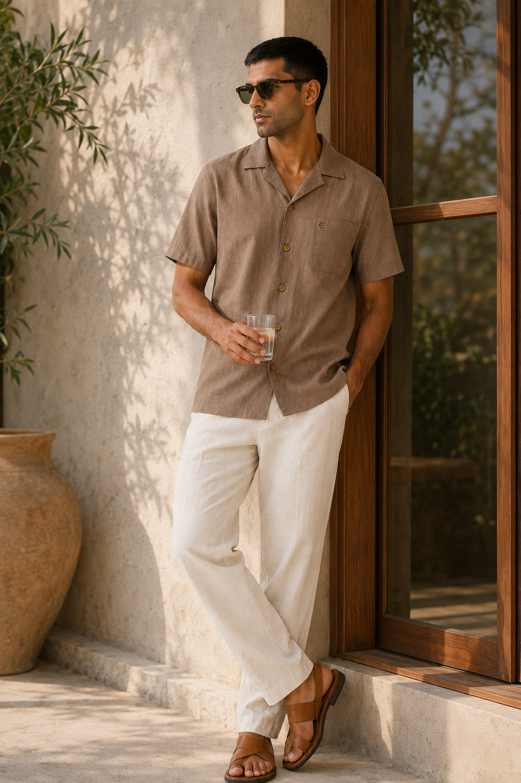 Choco Brown and Off White (Pack of 2) Men Hemp Cuban Collar Resort Shirt