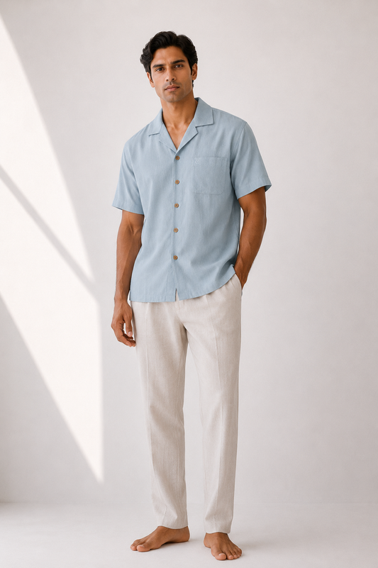 Cadet Blue Men Hemp Cuban Collar Resort Shirt