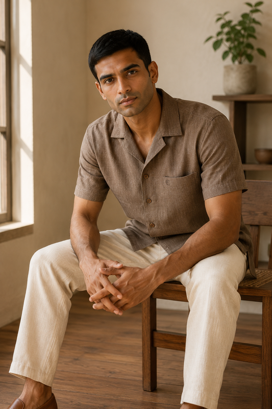 Choco Brown Men Hemp Cuban Collar Resort Shirt