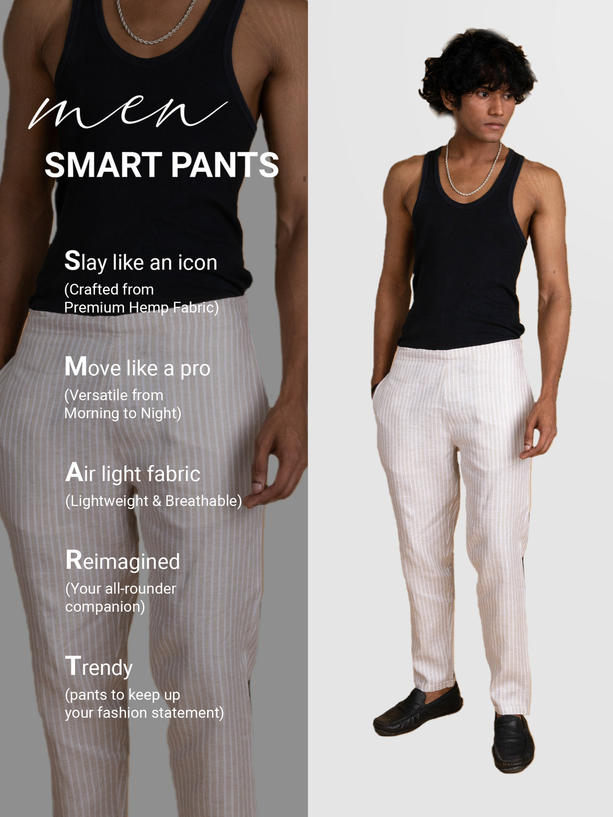 Beige White Stripes Men Hemp Lounge Pant