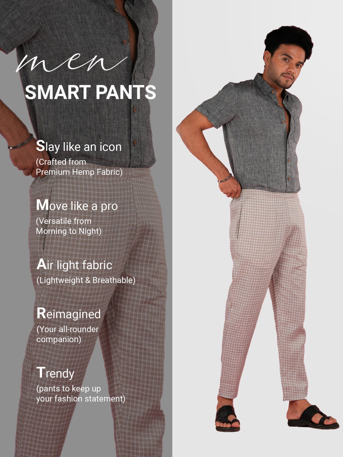 Beige White Checks Men Hemp Lounge Pant