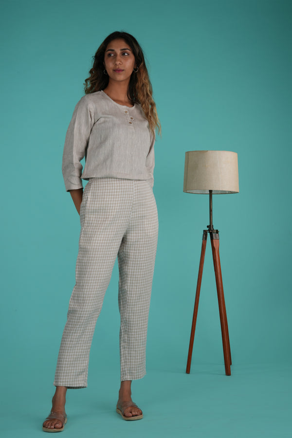 Women Beige White Checks Hemp Lounge Pant