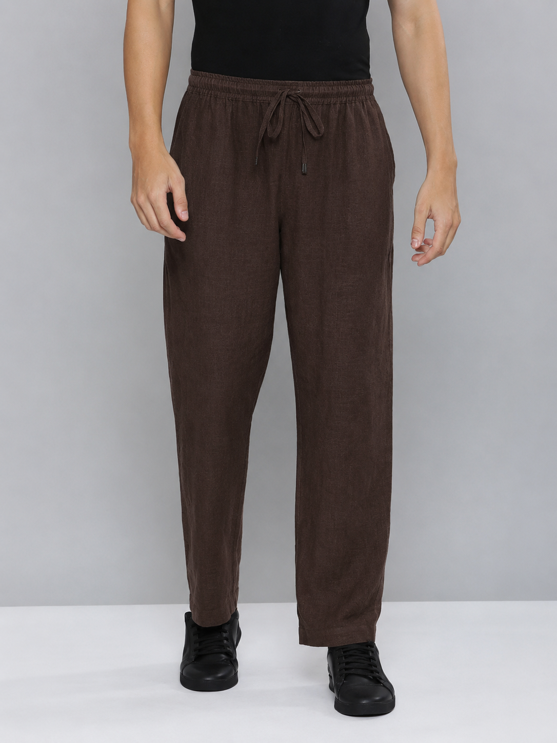 Dark Brown Men Hemp Broad Bottom Comfort Pant