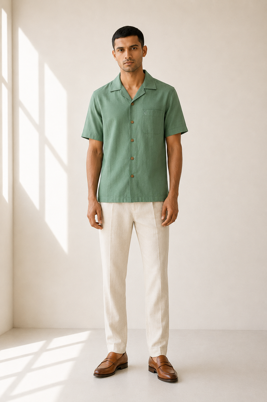 Mint Green Men Hemp Cuban Collar Resort Shirt