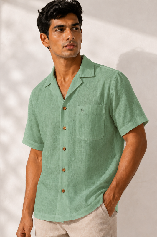 Mint Green Men Hemp Cuban Collar Resort Shirt