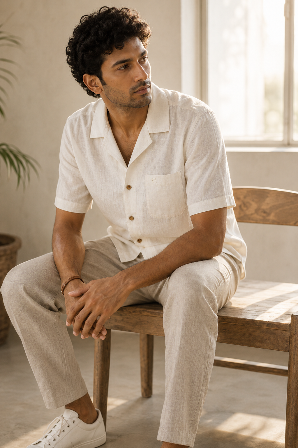 Choco Brown and Off White (Pack of 2) Men Hemp Cuban Collar Resort Shirt