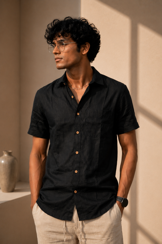 Regal Black Men Hemp Half Sleeve Shirt