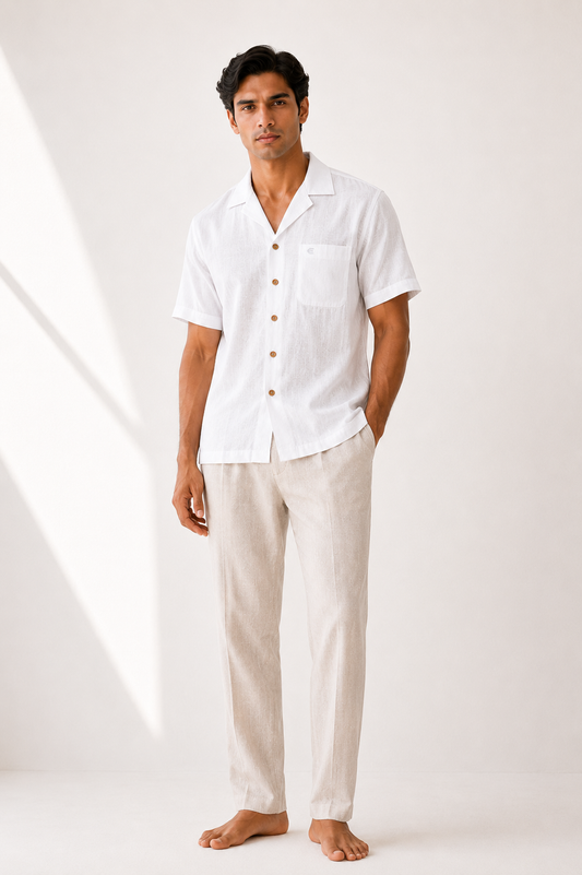 White Men Hemp Cuban Collar Resort Shirt
