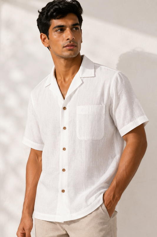 White Men Hemp Cuban Collar Resort Shirt