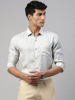 Men White Beige Stripes Hemp Formal Full Sleeve Shirt