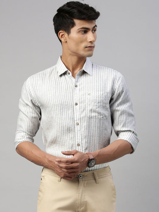 Ecentric Men White Beige Stripes Hemp Formal Full Sleeve Shirt