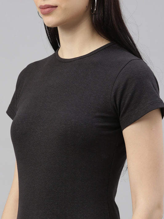 Women Black Single-Slit Roundneck Hemp Solid T-Shirt Dress