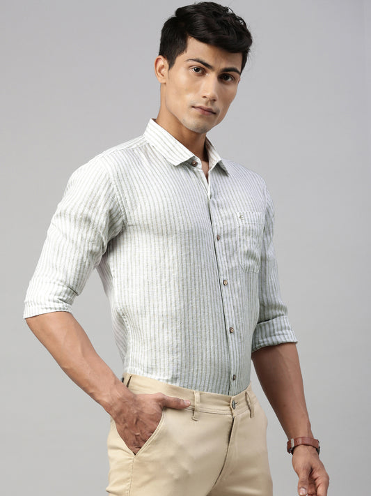 Men White Beige Stripes Formal Shirt