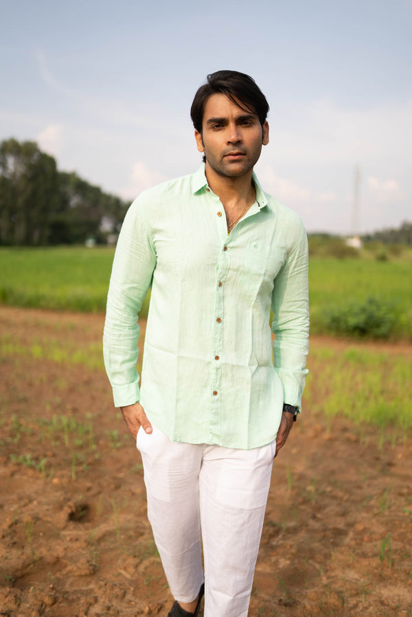 Pista Green Men Hemp Full Sleeve Shirt