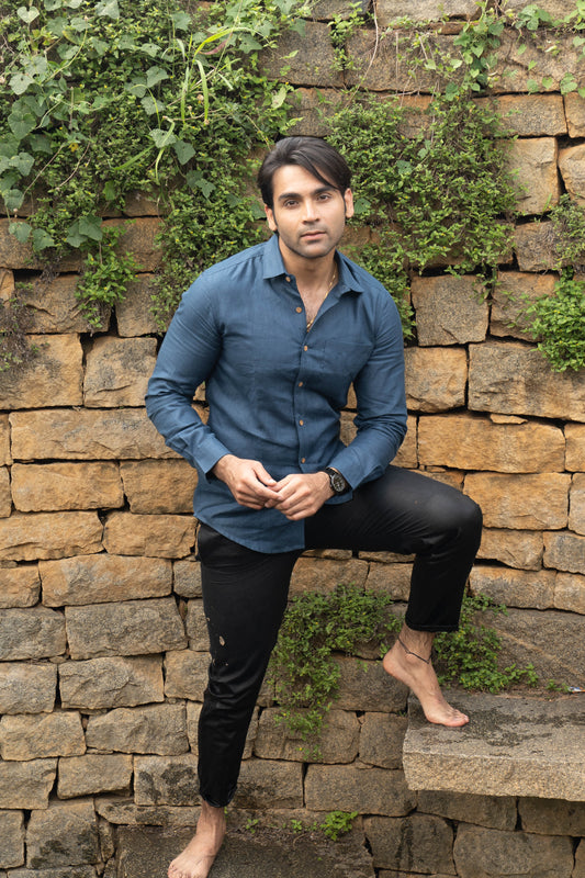 Ecentric Men Regal Blue Hemp Formal Full Sleeve Shirt