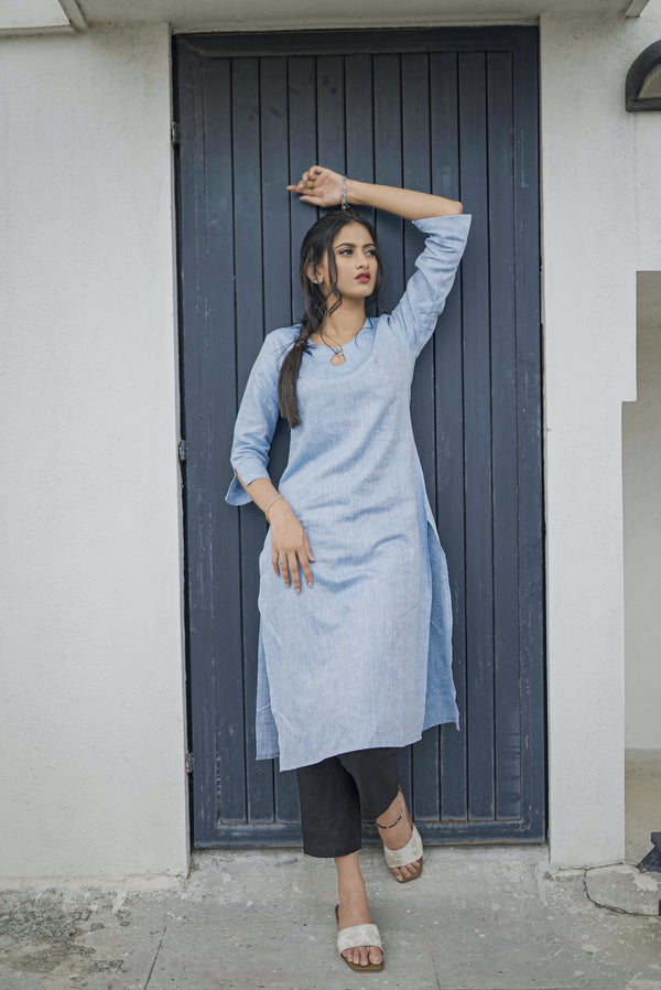 Women Hemp Navy Blue Straight Kurta
