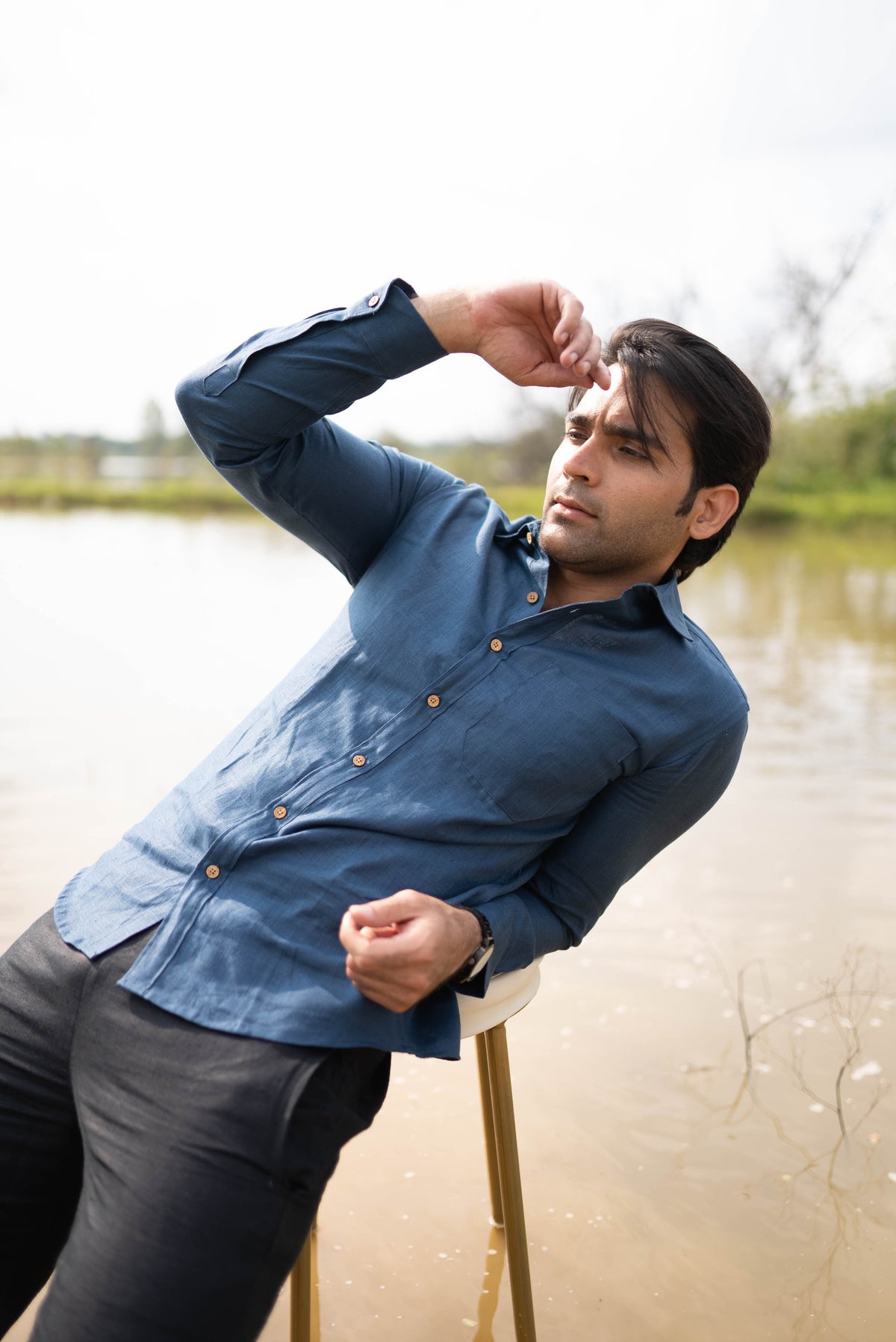 Men Regal Blue Hemp Formal Shirt